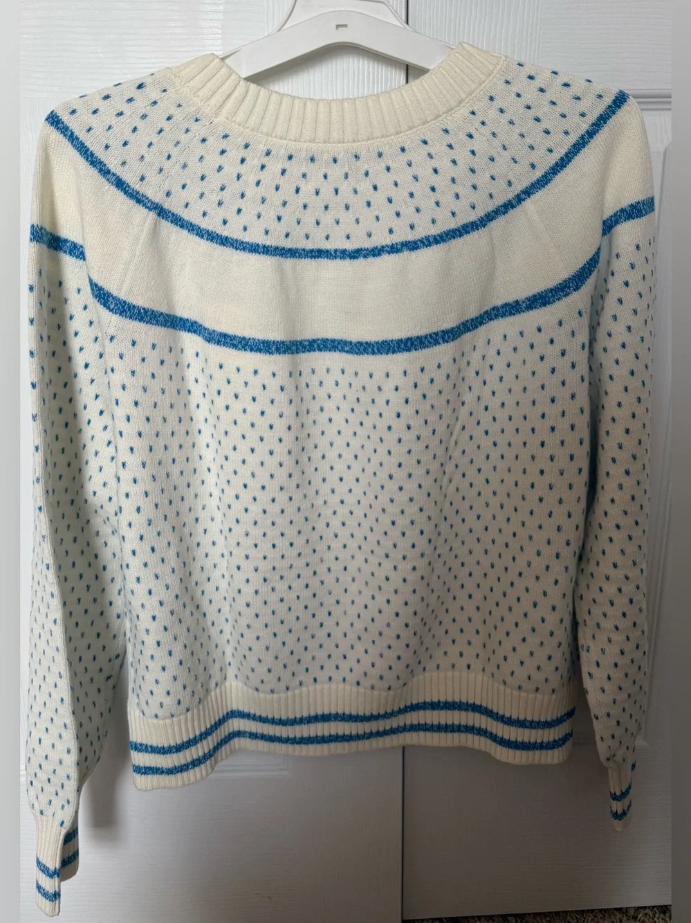 New NWT Lands' End White Sweater with Blue 'APRÈS' Detail The Drifter Pullover